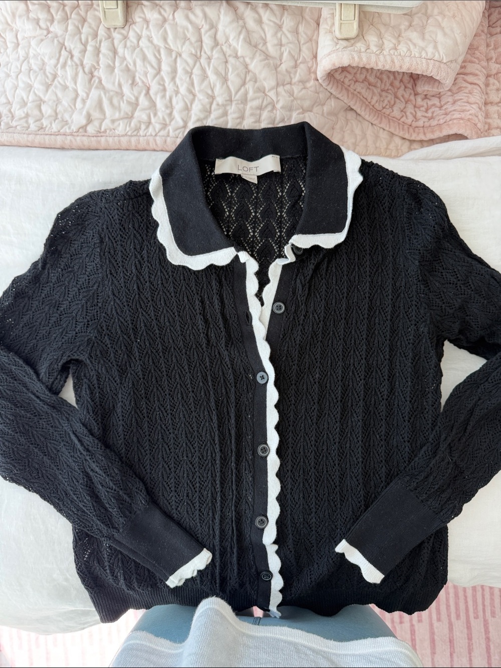 LOFT Black cotton crochet Cardigan with White Scalloped Trim